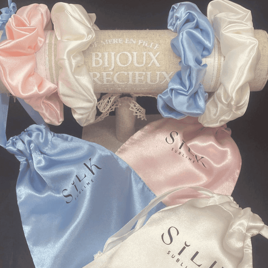 chouchou en soie blanc bleu et rose